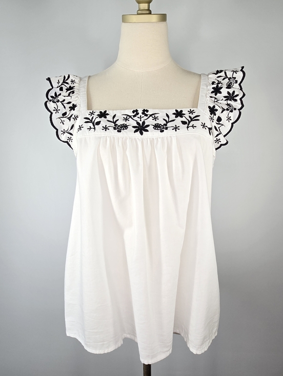 LOFT Embroidered Flutter Sleeve Square Neck Summer Top White & Black Size M - Picture 4 of 11